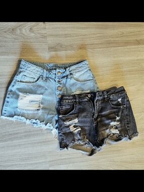Distressed Denim High-Waist Shorts - Light Blue & Black (Set of 2)